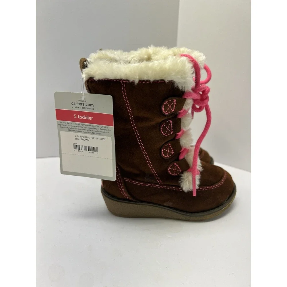 Carter's Lindsay-C Winter Boots Toddler 5 Brown Pink‎ Faux Fur Floral Embroidery